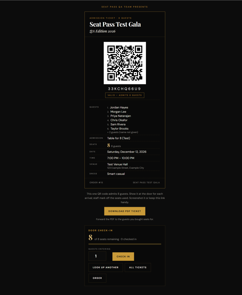 Phone-friendly ticket page with the door check-in panel for staff.